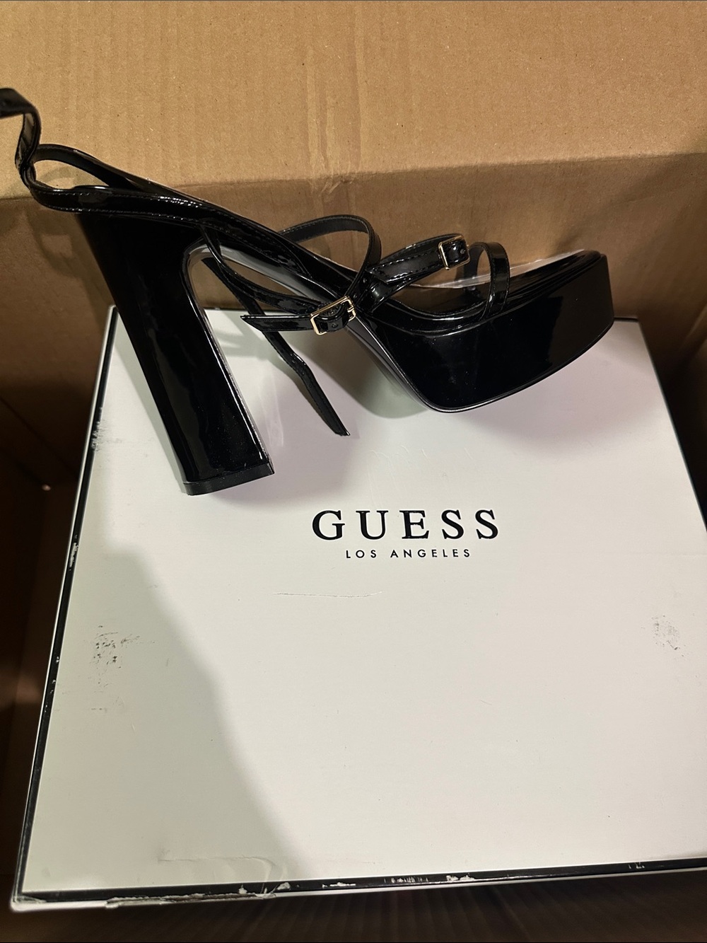 GUESS Black Patent Platform Strappy Heels
